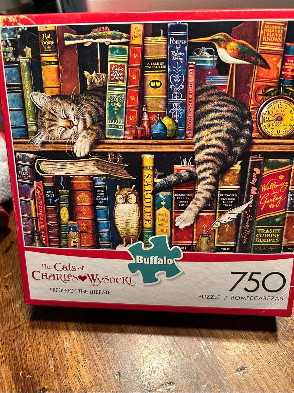 Buffalo David Bitton Multicolor Cat-on-Bookshelf Puzzle Box Art